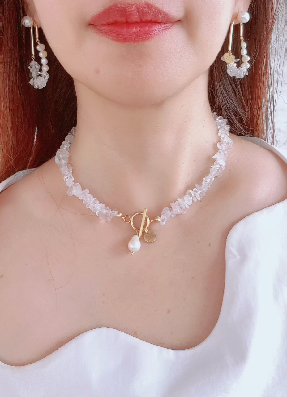 水晶淡水パールステンレスネックレス オシャレ花嫁様金属アレルギー対応ブライダルアクセサリーbijou holic