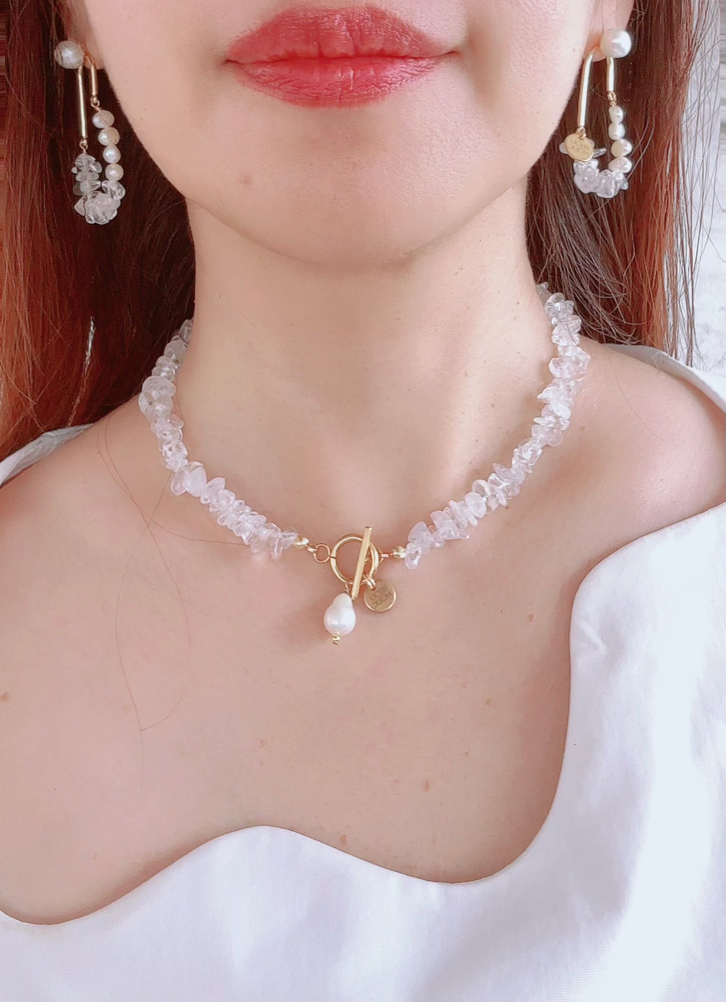 淡水パール×水晶サザレ2wayピアス&イヤリング オシャレ花嫁様金属アレルギー対応ブライダルアクセサリーbijou holic