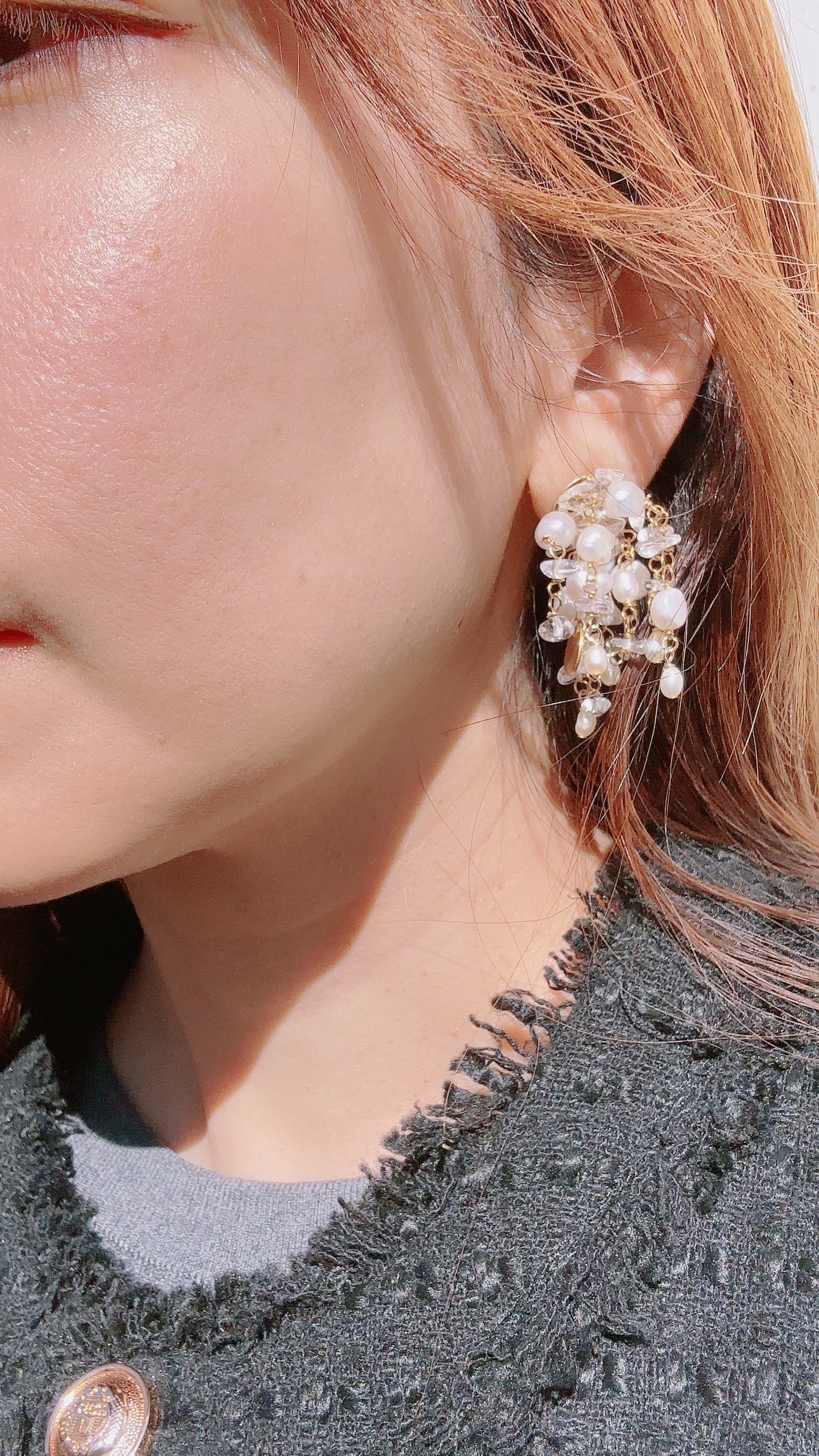 淡水パール水晶 じゃらじゃらピアス&イヤリング オシャレ花嫁様金属アレルギー対応ブライダルアクセサリーbijou holic