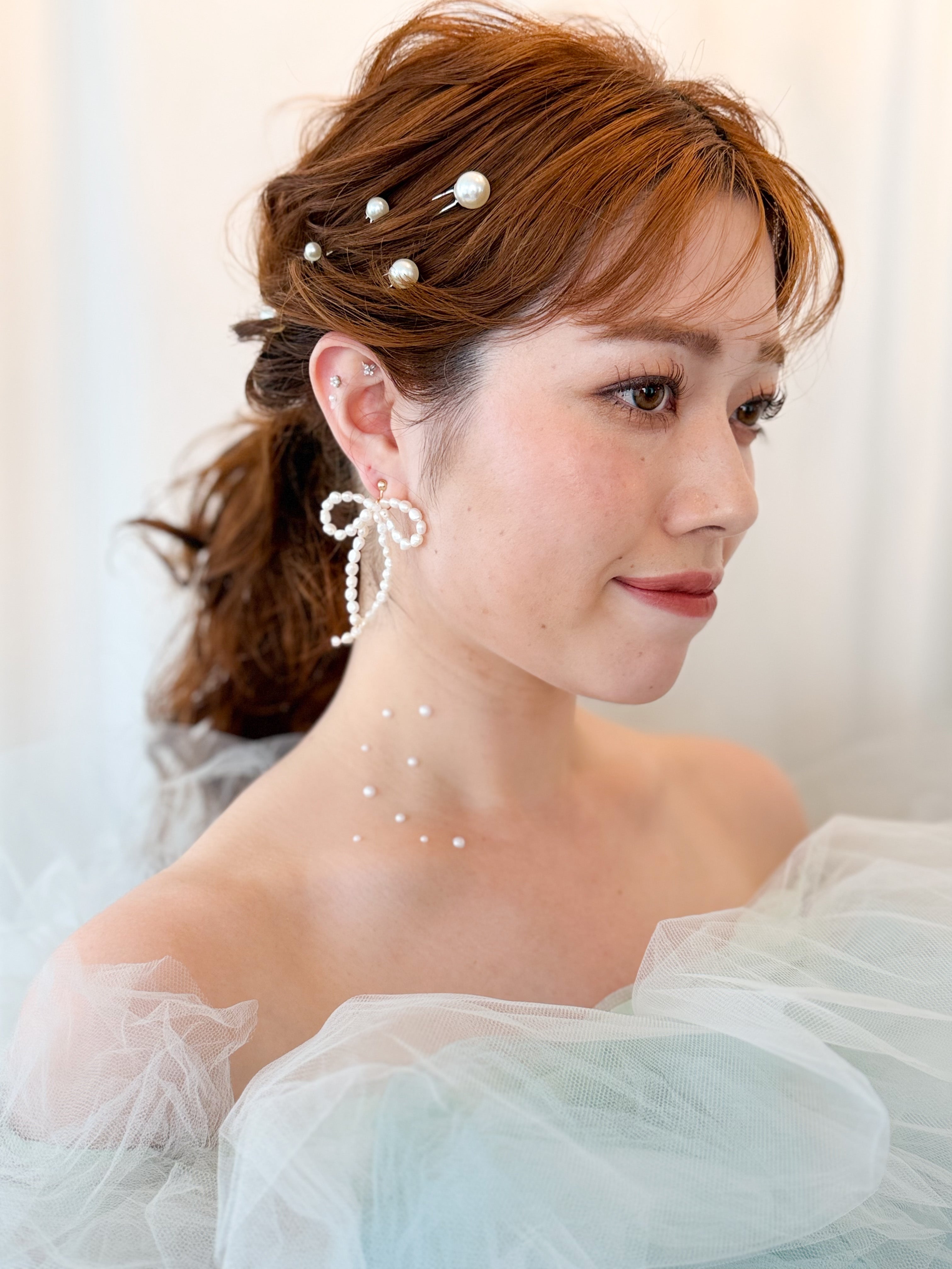 パールリボンピアス&イヤリング 淡水パール 結婚式 お呼ばれ