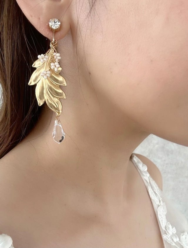 リーフドロップピアス&イヤリング オシャレ花嫁様 - おしゃれ花嫁様ブライダルアクセサリーの通販bijou holic千葉店舗リーフドロップピアス&イヤリング オシャレ花嫁様