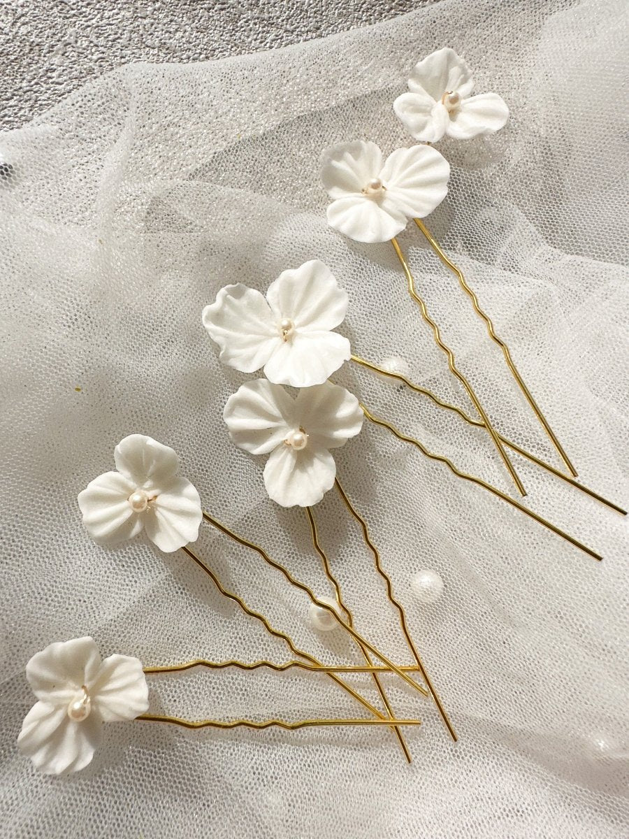 ホワイトフラワーブライダルピン5本セット ハーフツイン ヘッドパーツ
