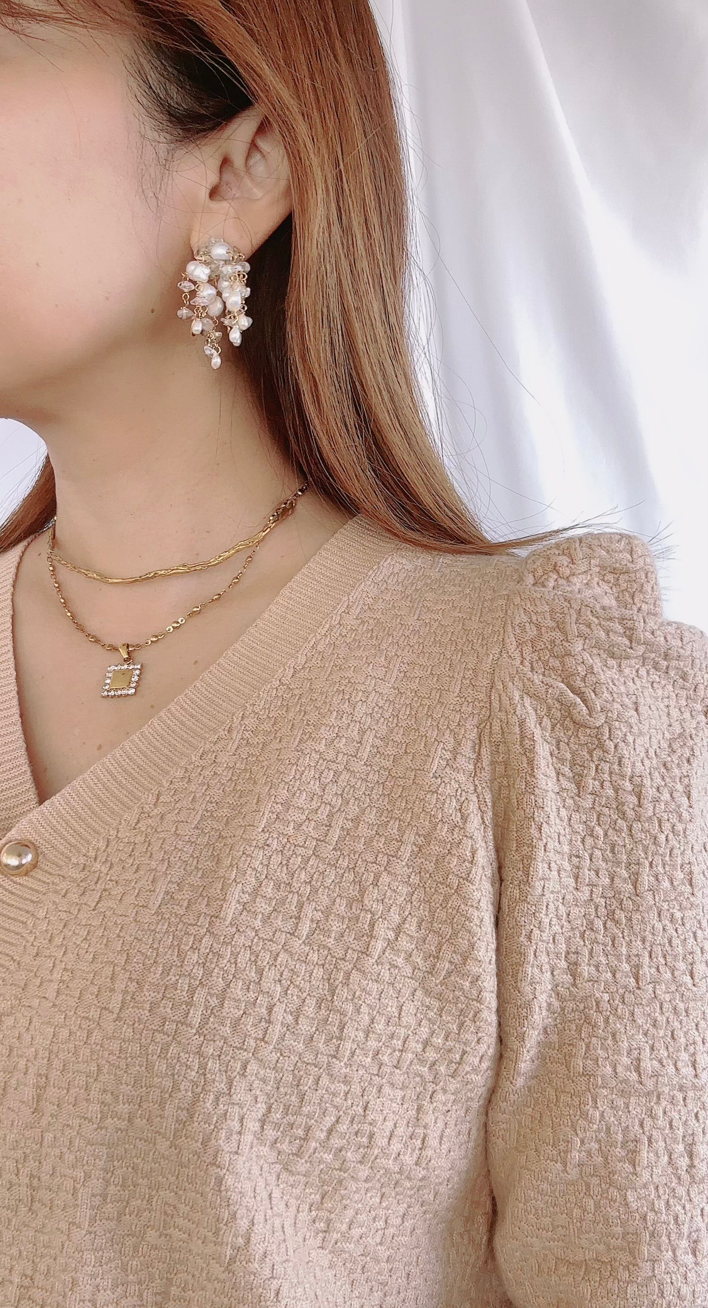 淡水パール水晶 じゃらじゃらピアス＆イヤリング オシャレ花嫁様金属アレルギー対応ブライダルアクセサリーbijou holic