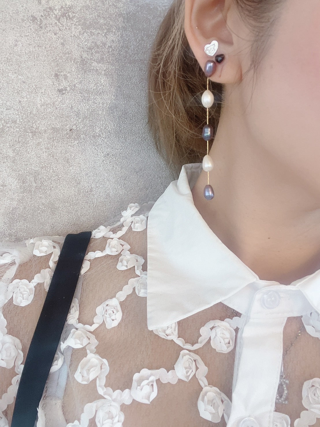 淡水パール ロングチェーンピアス／イヤリング（ホワイト×パープル