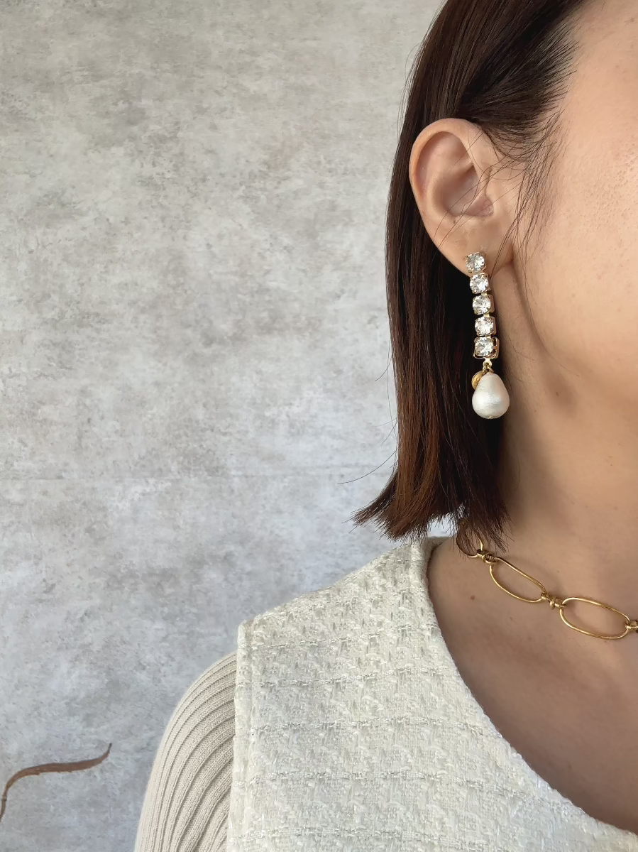 コットンパールしずくビジューピアス＆イヤリング　