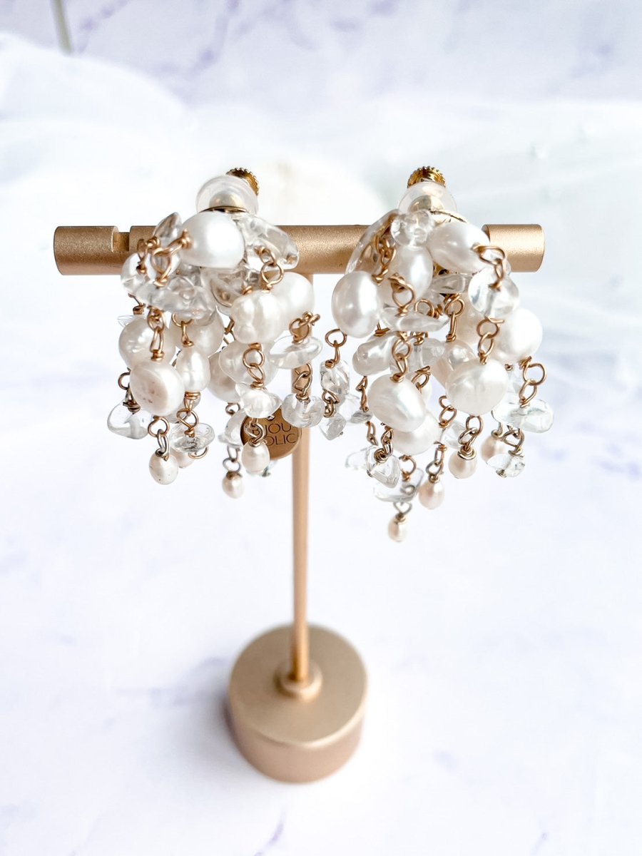 淡水パール水晶 じゃらじゃらピアス＆イヤリング - おしゃれ花嫁様ブライダルアクセサリーの通販bijou holic千葉店舗淡水パール水晶 じゃらじゃらピアス＆イヤリング