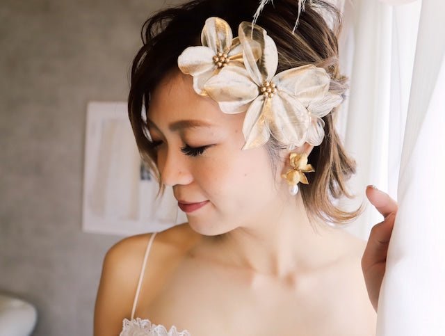アメリカンフラワーゴールドリーフヘッドドレス - おしゃれ花嫁様ブライダルアクセサリーの通販bijou holic千葉店舗アメリカンフラワーゴールドリーフヘッドドレス