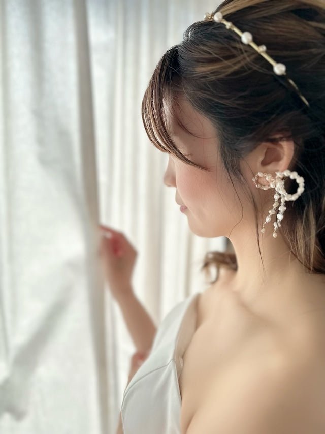 淡水パールリボンピアス＆イヤリング - おしゃれ花嫁様ブライダルアクセサリーの通販bijou holic千葉店舗淡水パールリボンピアス＆イヤリング