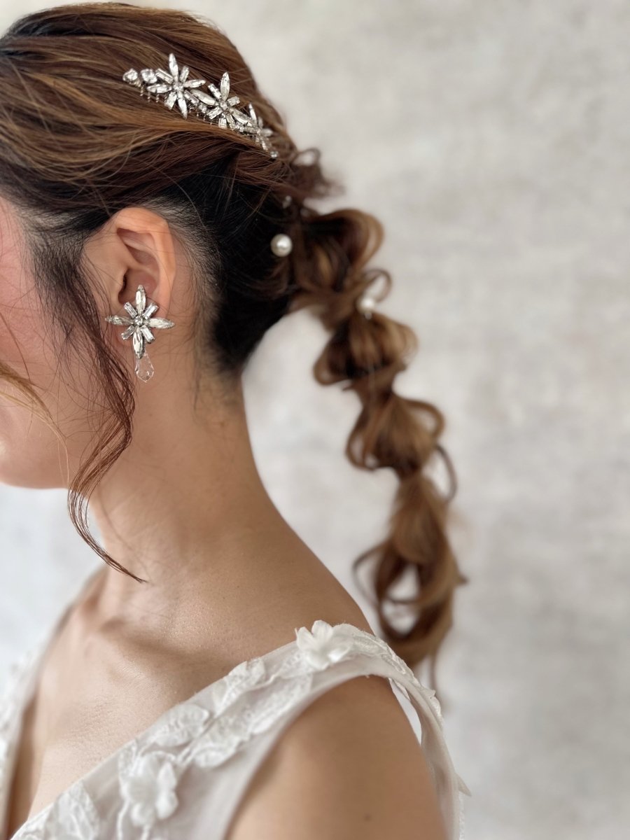 フラワー＆ラインストーンサイドコーム ブライダル ヘアアクセサリー