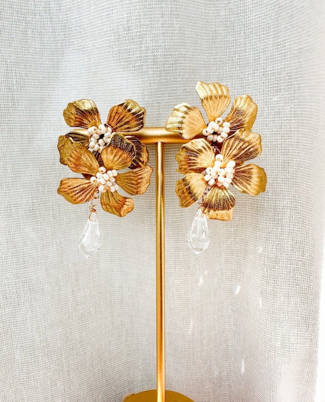 ダブルアンティークフラワー　ピアス＆イヤリング　オシャレ花嫁様 - おしゃれ花嫁様ブライダルアクセサリーの通販bijou holic千葉店舗ダブルアンティークフラワー　ピアス＆イヤリング　オシャレ花嫁様