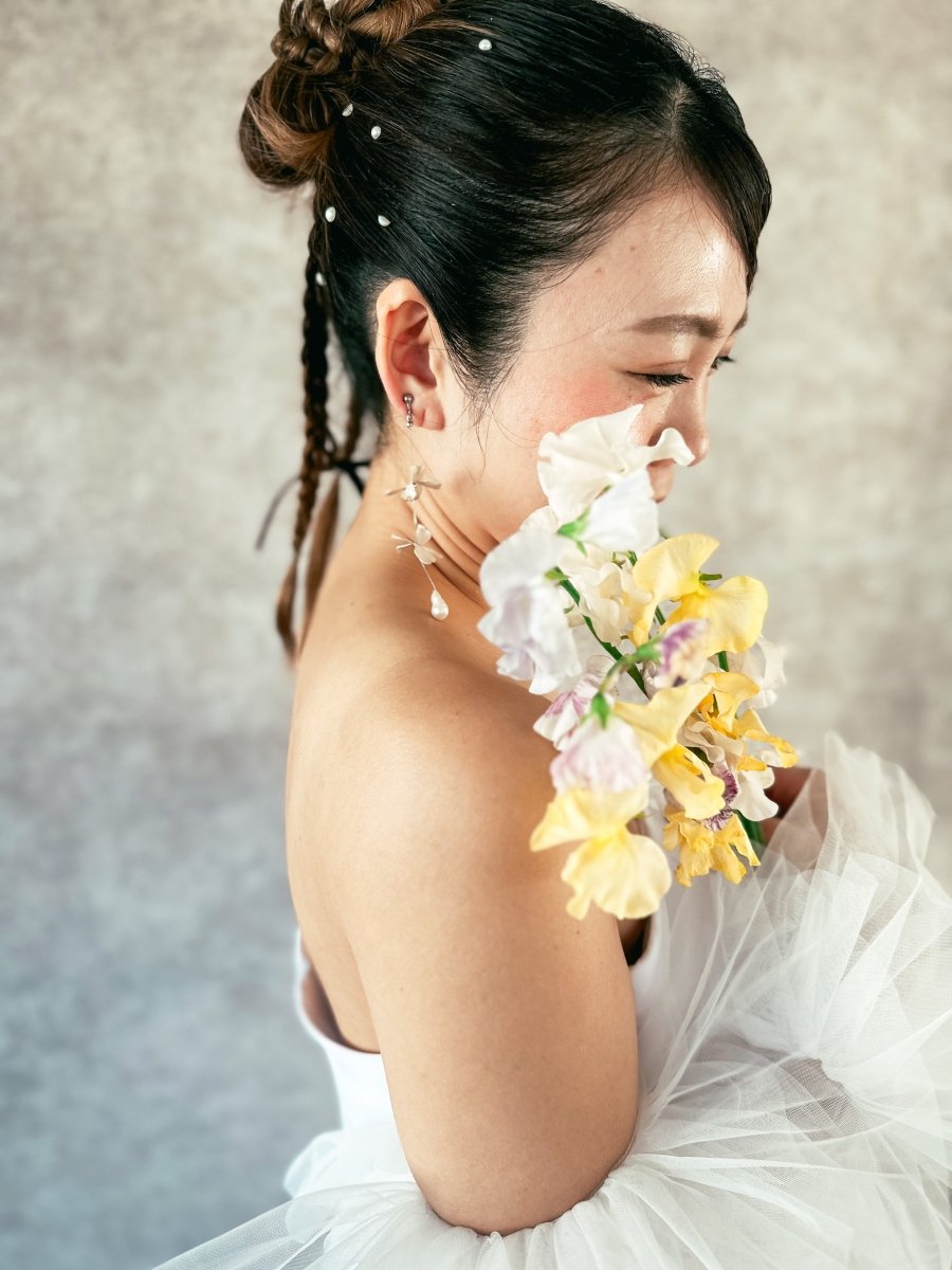 シルバーチェーンダブルフラワーピアス＆イヤリング　大ぶり　結婚式に - おしゃれ花嫁様ブライダルアクセサリーの通販bijou holic千葉店舗シルバーチェーンダブルフラワーピアス＆イヤリング　大ぶり　結婚式に
