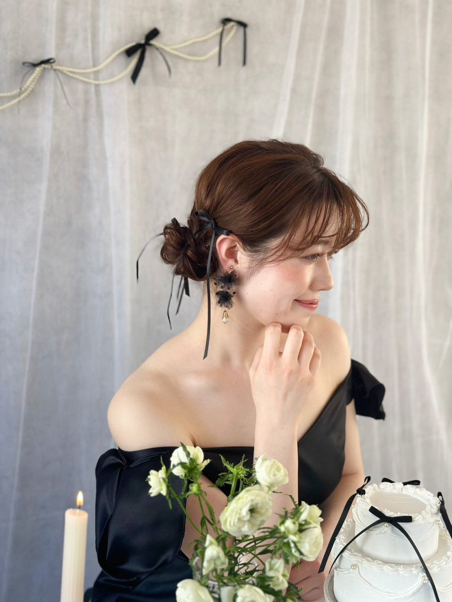 ブラックチュールピアス＆イヤリング　ブラックドレスに - おしゃれ花嫁様ブライダルアクセサリーの通販bijou holic千葉店舗ブラックチュールピアス＆イヤリング　ブラックドレスに