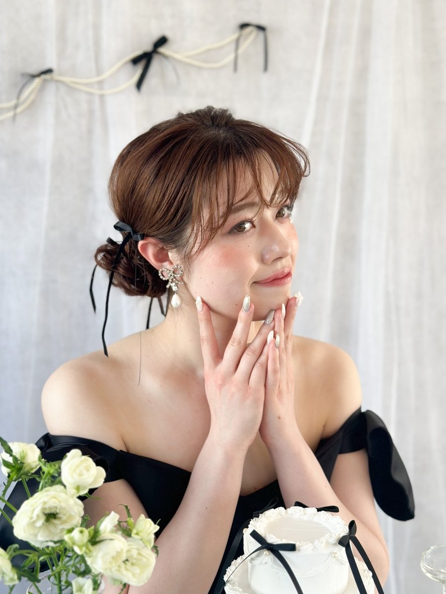 シルバービジューリボンピアス＆イヤリング　コットンパール - おしゃれ花嫁様ブライダルアクセサリーの通販bijou holic千葉店舗シルバービジューリボンピアス＆イヤリング　コットンパール