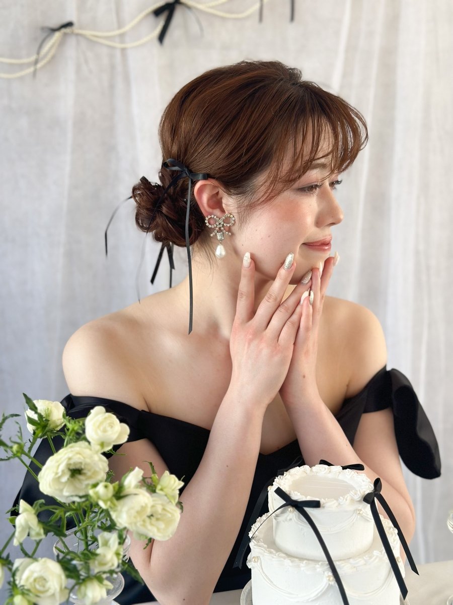 シルバービジューリボンピアス＆イヤリング　コットンパール - おしゃれ花嫁様ブライダルアクセサリーの通販bijou holic千葉店舗シルバービジューリボンピアス＆イヤリング　コットンパール